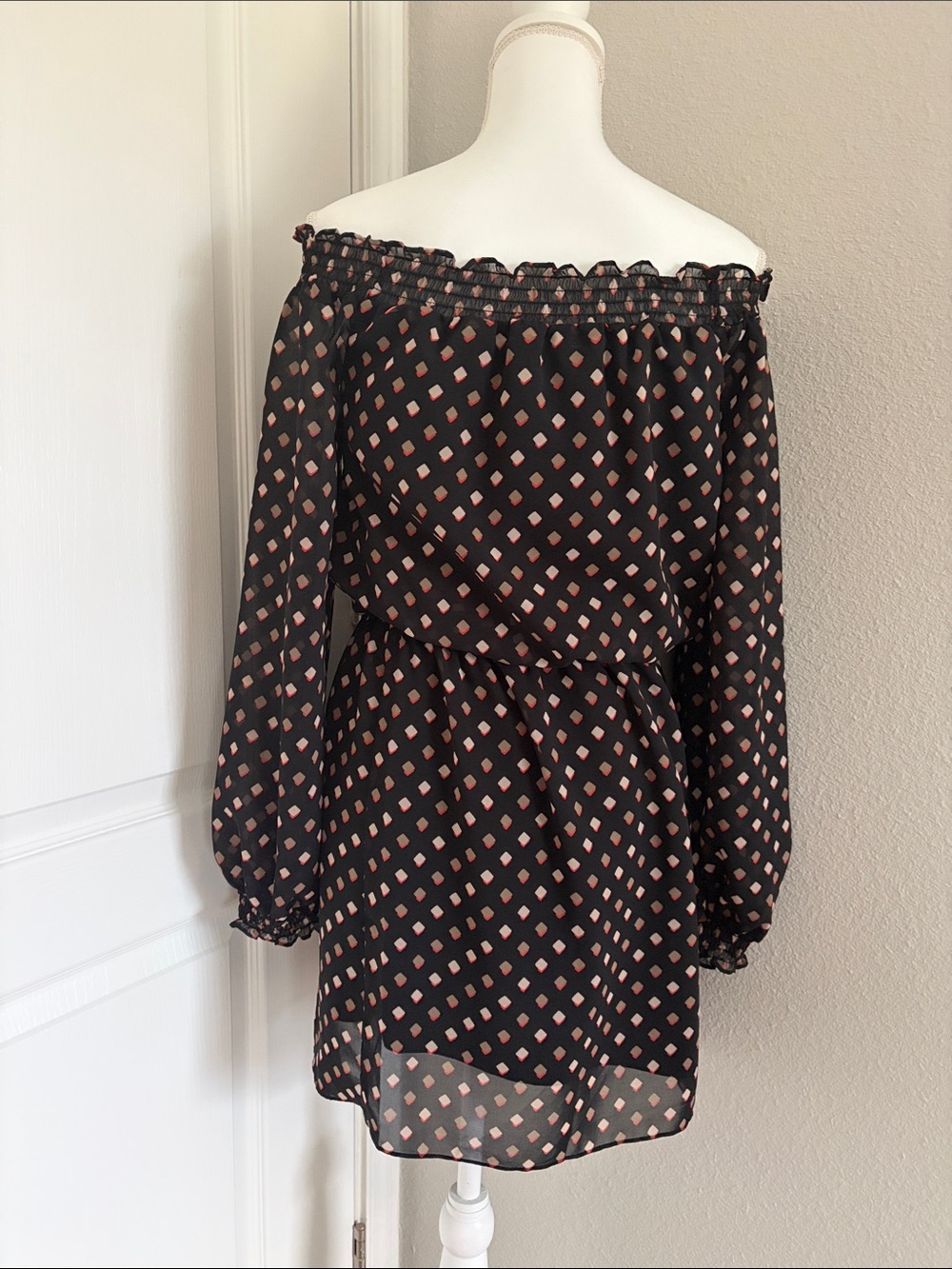 White House Black Market Black and Blush Polka Diamond Off-Shoulder Dress